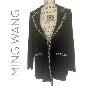 MING WANG BLAZER KNIT TAILORED BLACK LEOPARD TRIM SZ M SHOULDER PADS BADDIECORE